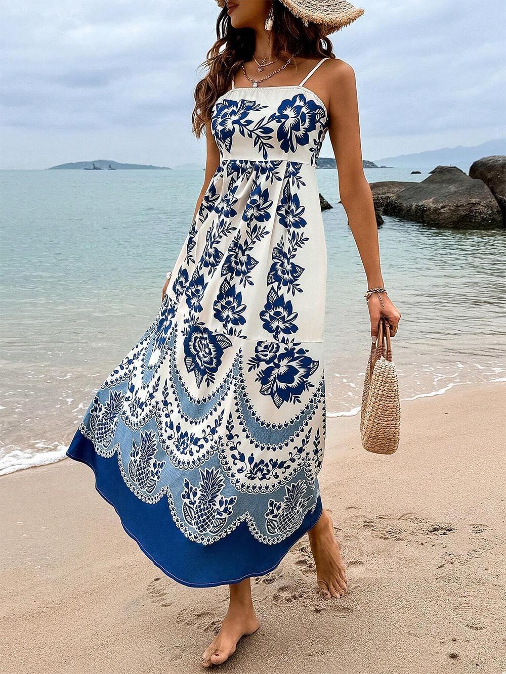 Floral Ethnic Print Back Graceful Smocked Loose Midi Dress InsStreet