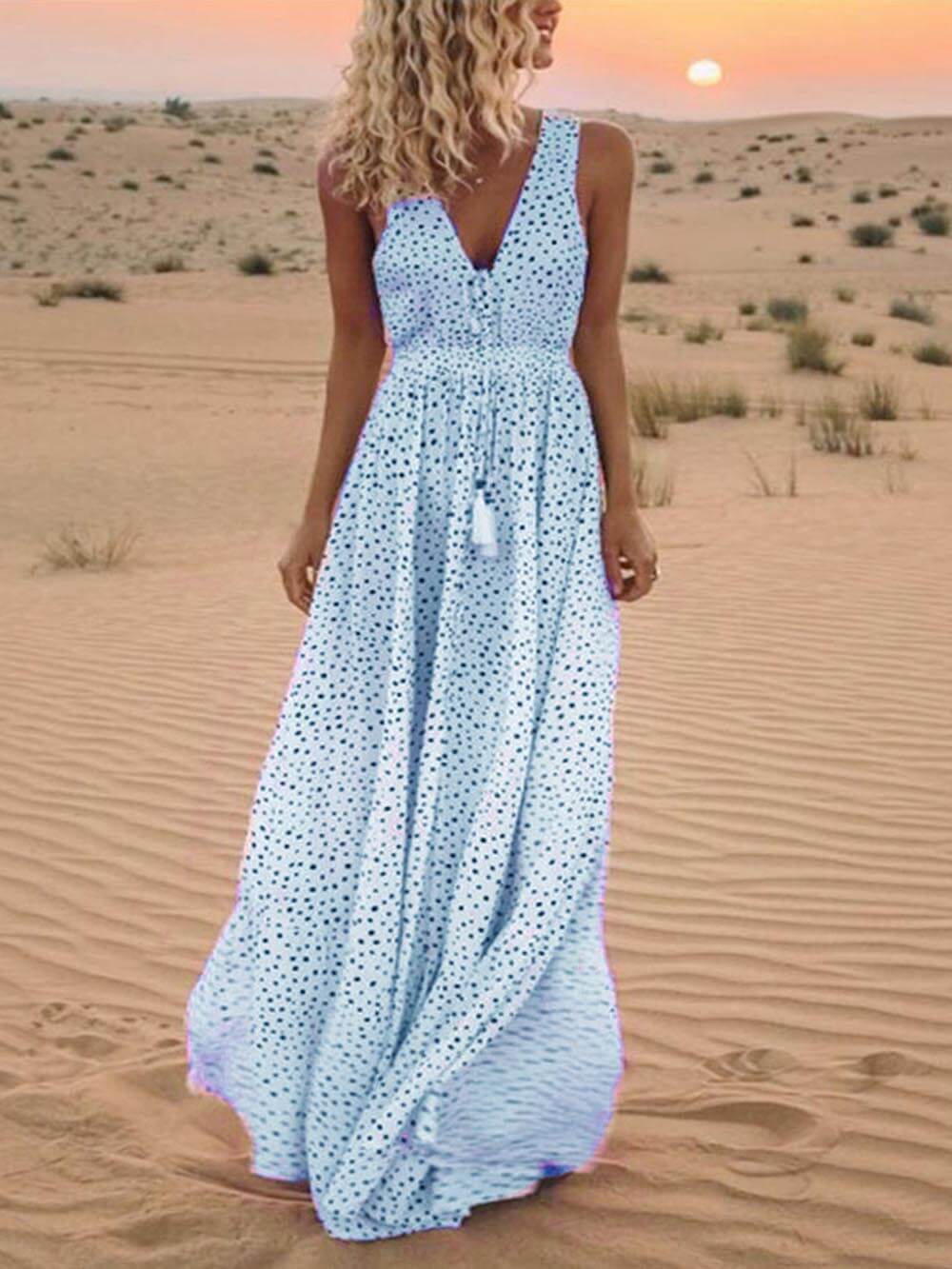 Bohemian V-Neck Sleeveless Charming Polka-Dot Maxi Skirt InsStreet