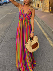 Rainbow Stripe Print Charming V-Neck Maxi Dress InsStreet