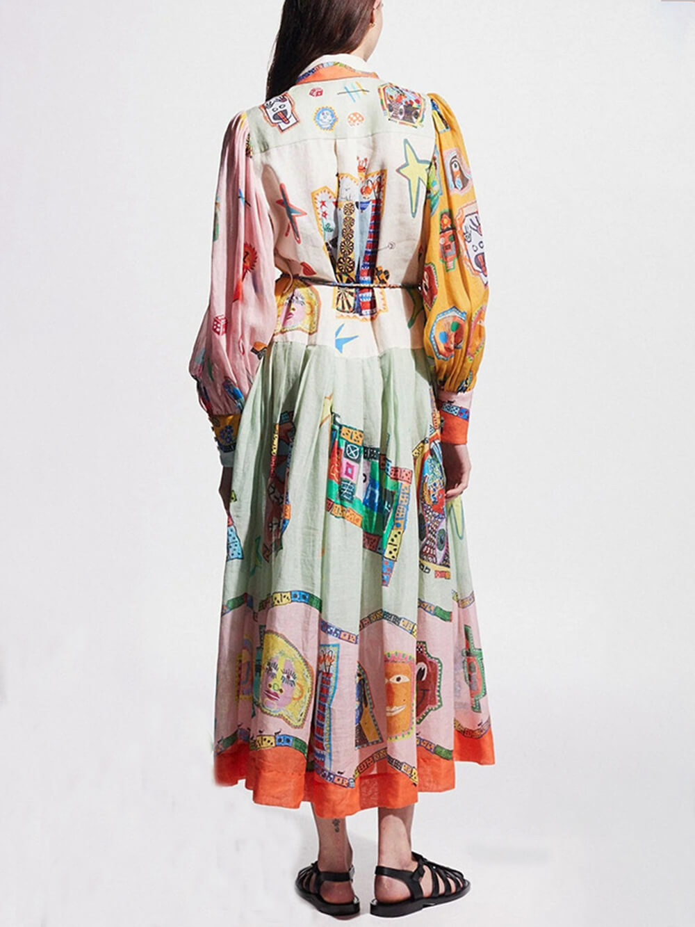 Unique Print Colorblock Balloon Graceful Sleeve Belt Shirt Midi Dress InsStreet