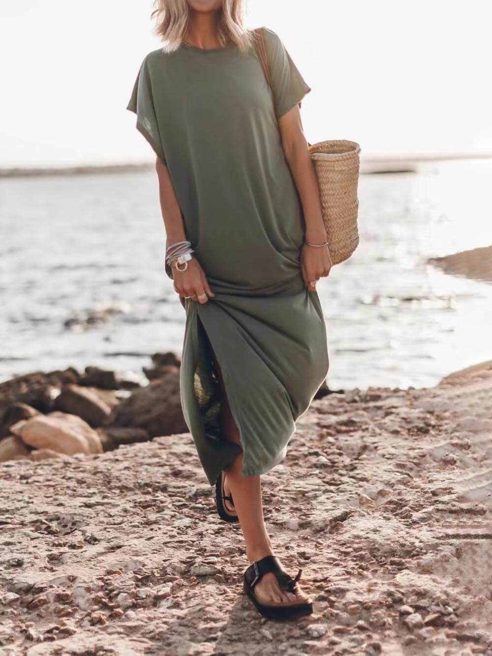 Effortless Open Sleeve Slit Graceful Oversized T-shirt Midi Dress InsStreet