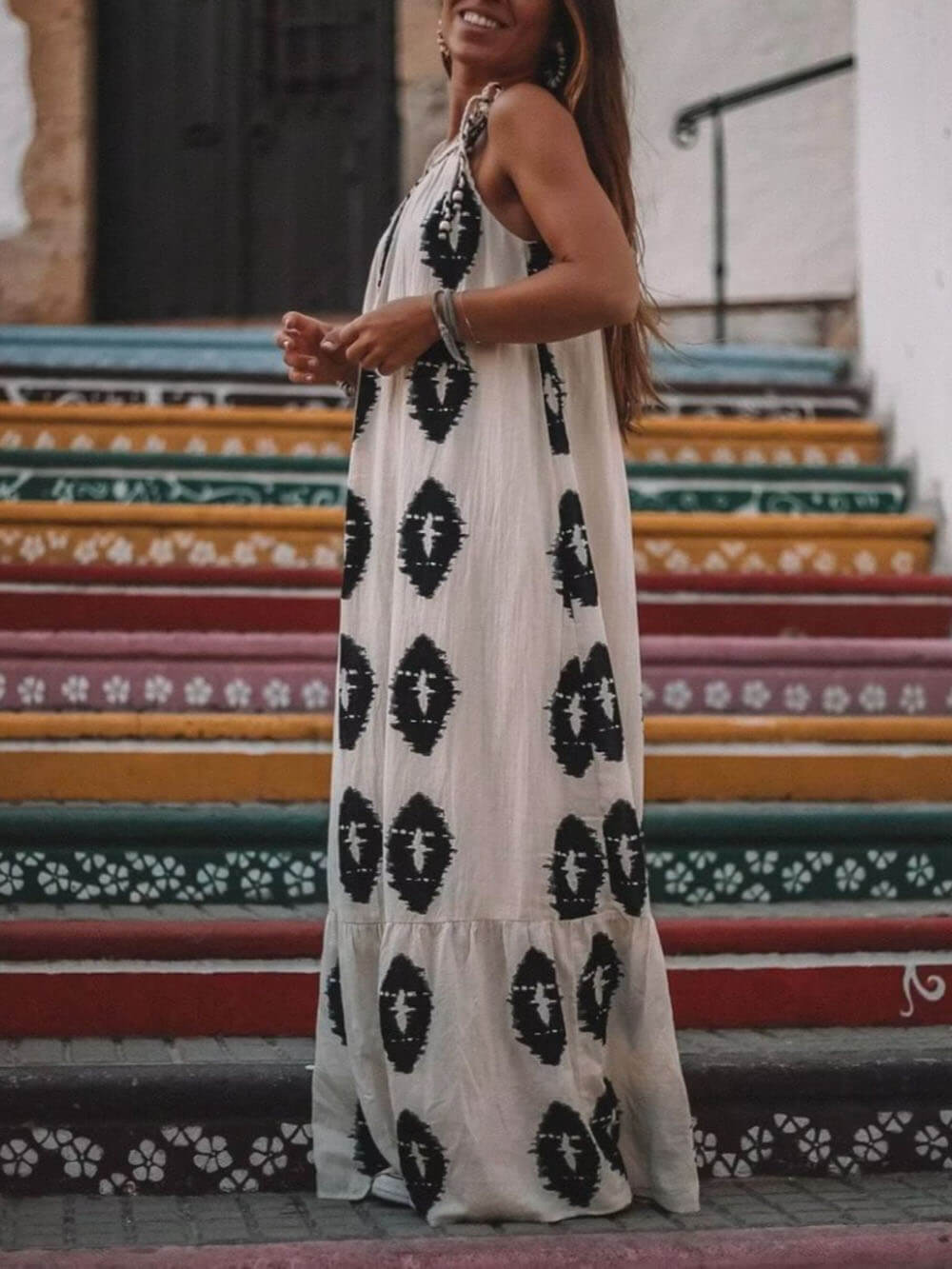 Sunshine Ethnic Print One Graceful Shoulder Loose Maxi Dress InsStreet