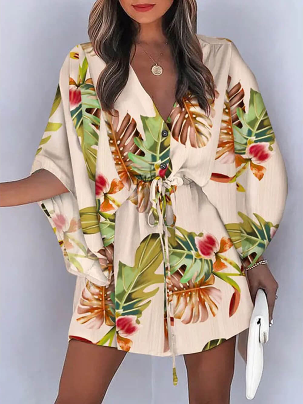 V-Neck Tie Printed Charming Batwing Sleeve Dress InsStreet