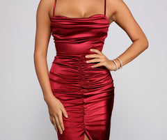 Festive Mood Satin Charming Ruched Midi Dress InsStreet