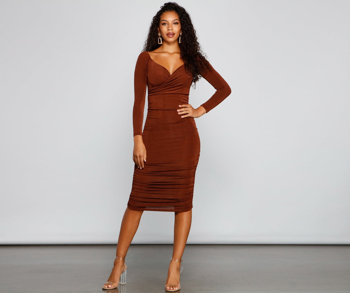 Melissa Long Sleeve Charming Ruched Midi Dress InsStreet