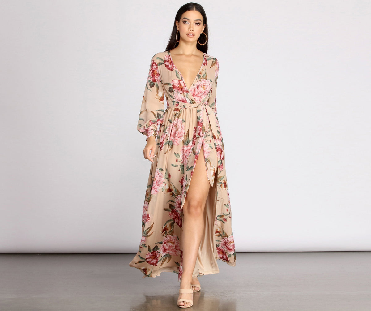 Caralisa Floral Chiffon Charming High Slit Dress InsStreet