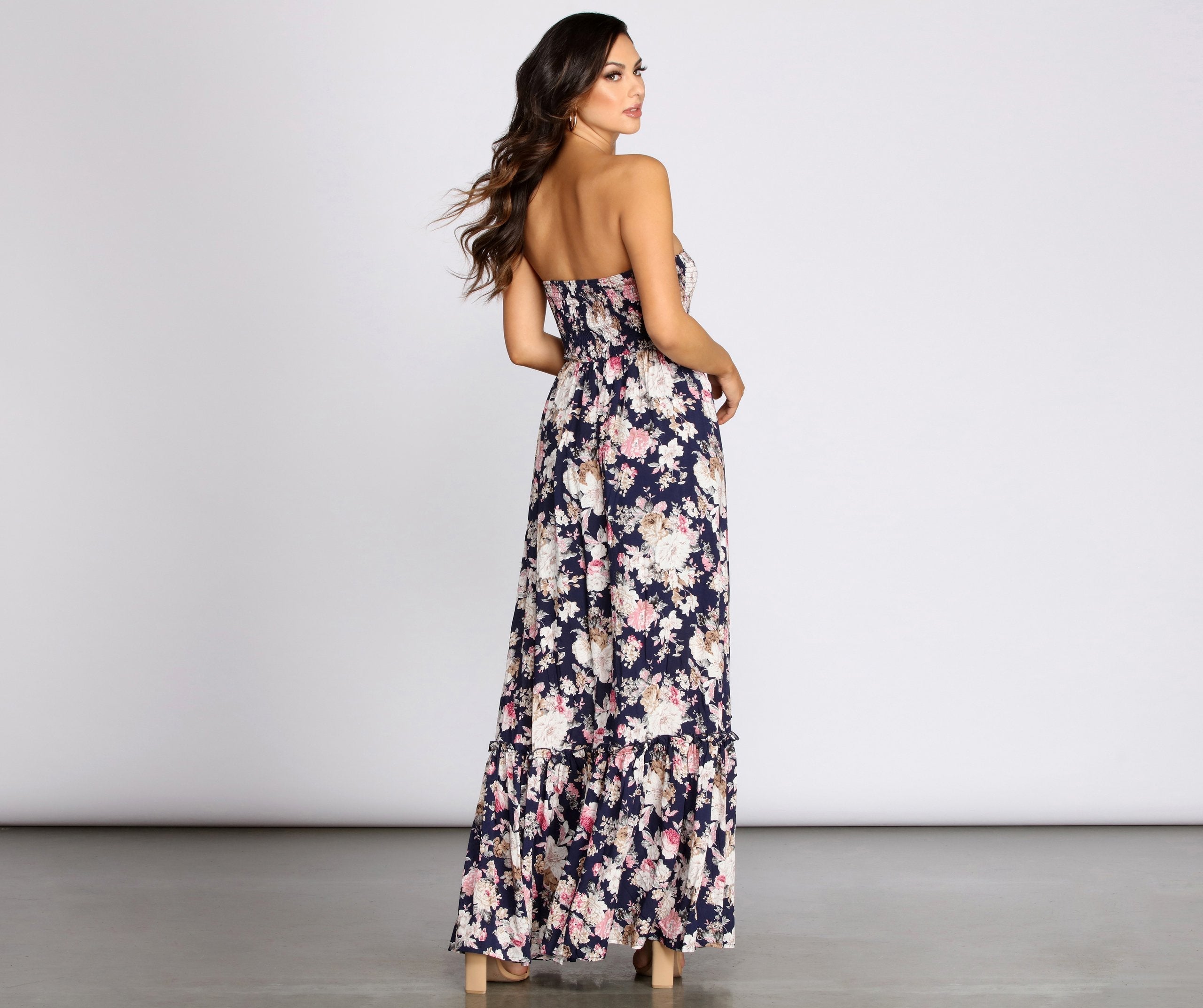 Getaway Girl Floral Charming Smocked Tube Maxi Dress InsStreet