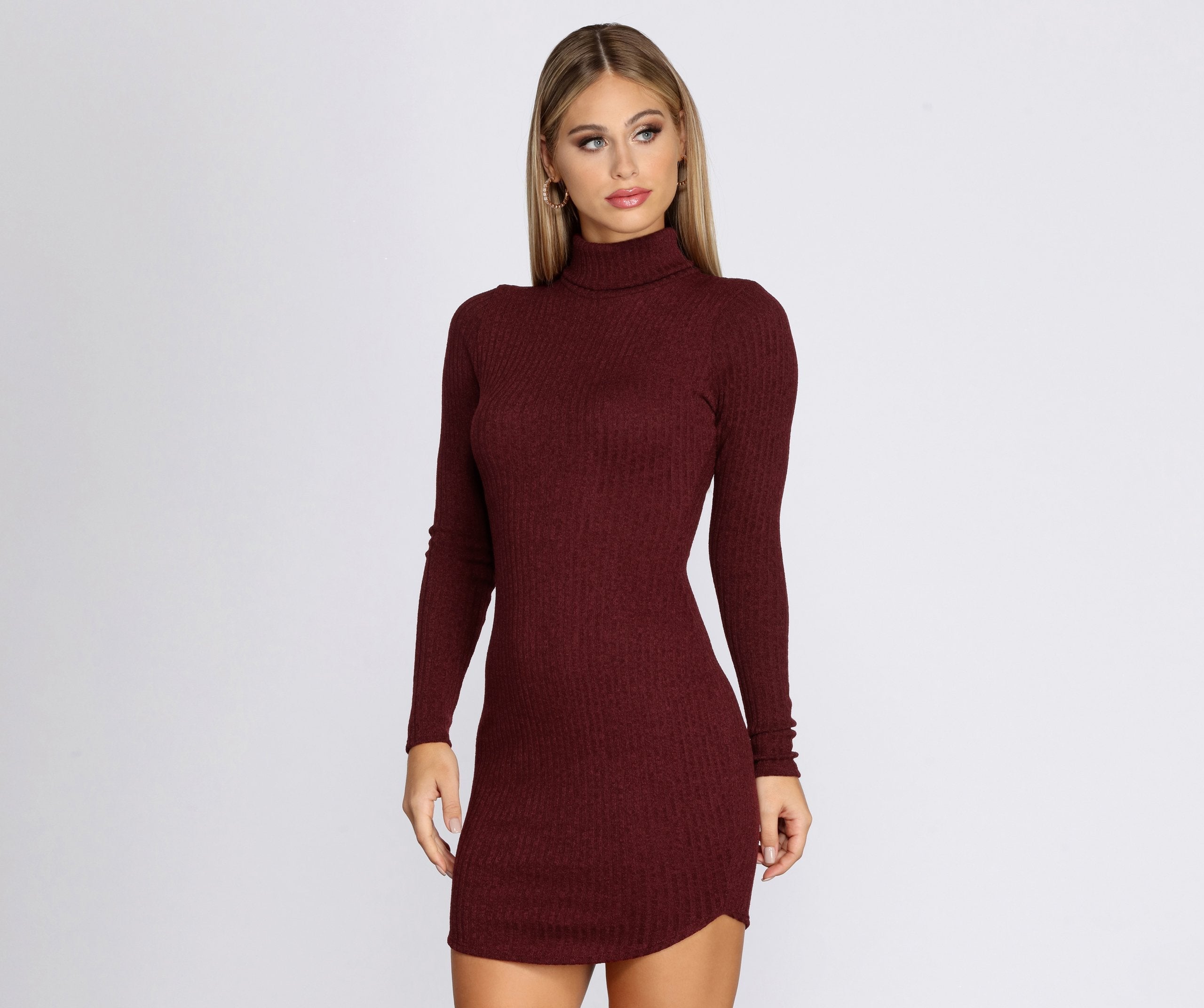 Turtleneck Long Sleeve Charming Ribbed Knit Mini Dress InsStreet