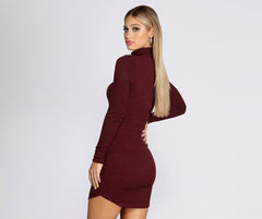 Turtleneck Long Sleeve Charming Ribbed Knit Mini Dress InsStreet