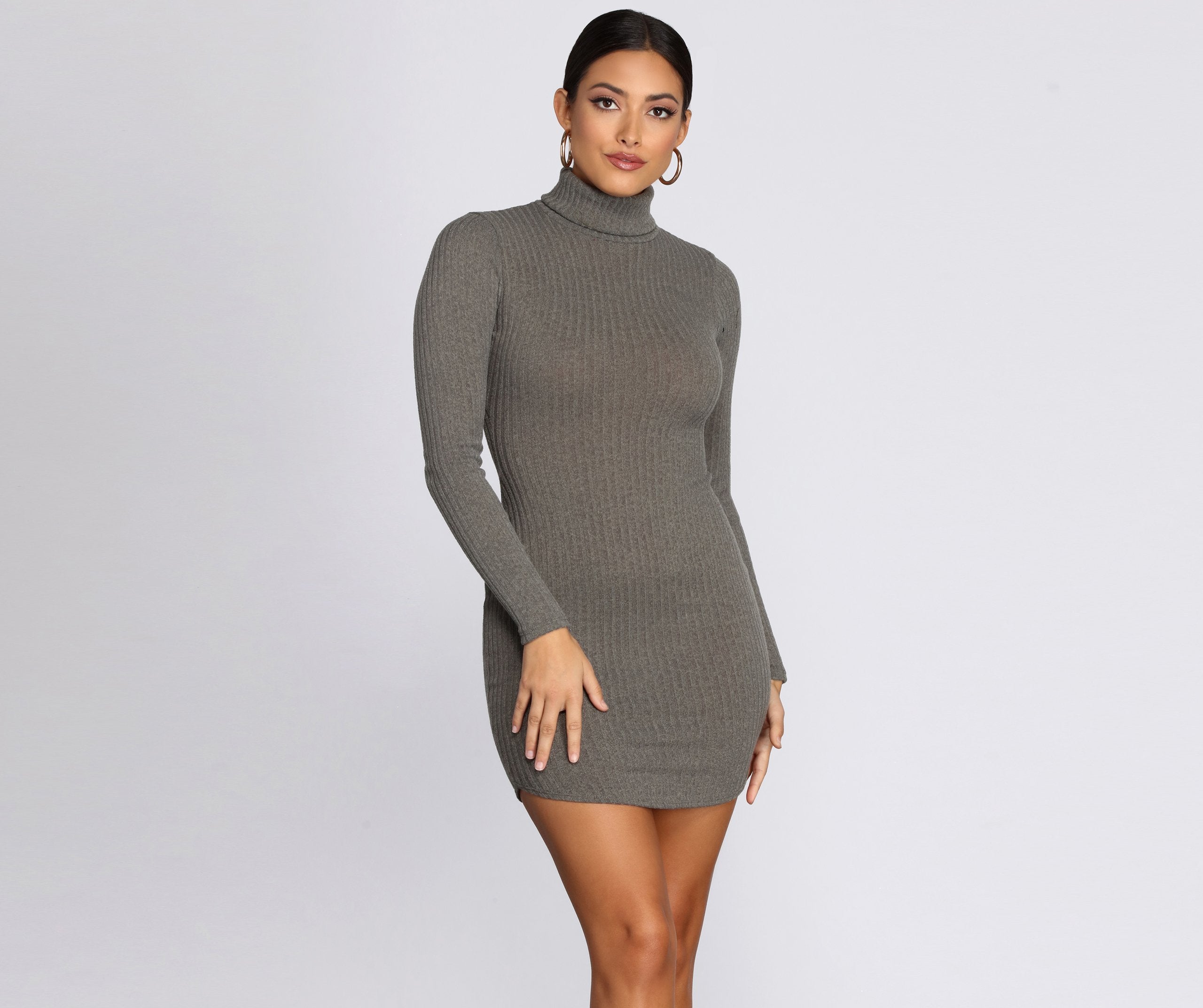 Turtleneck Long Sleeve Charming Ribbed Knit Mini Dress InsStreet