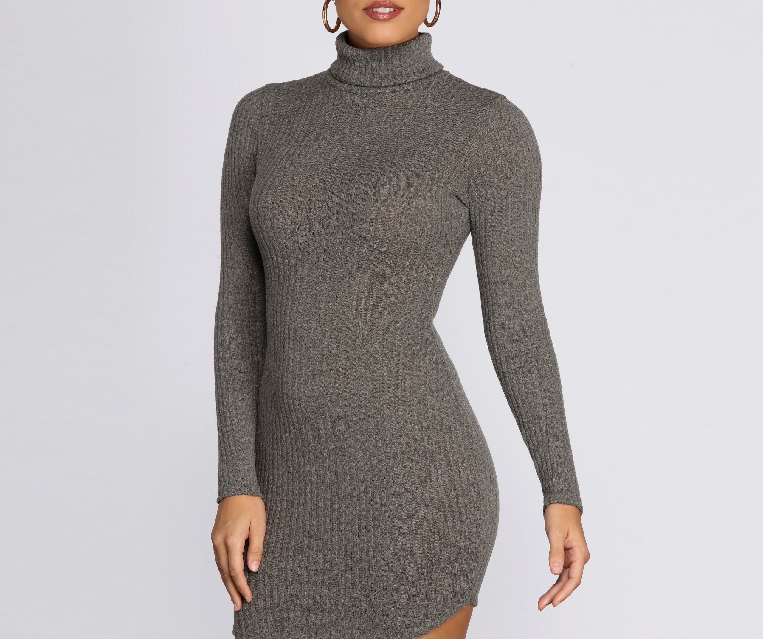 Turtleneck Long Sleeve Charming Ribbed Knit Mini Dress InsStreet