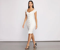 Stripe It Down Ribbed Graceful Button Down Midi Dress InsStreet