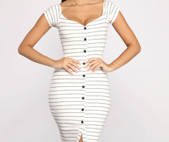 Stripe It Down Ribbed Graceful Button Down Midi Dress InsStreet