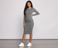 Open Back Ruched Charming Ribbed Knit Midi Dress InsStreet