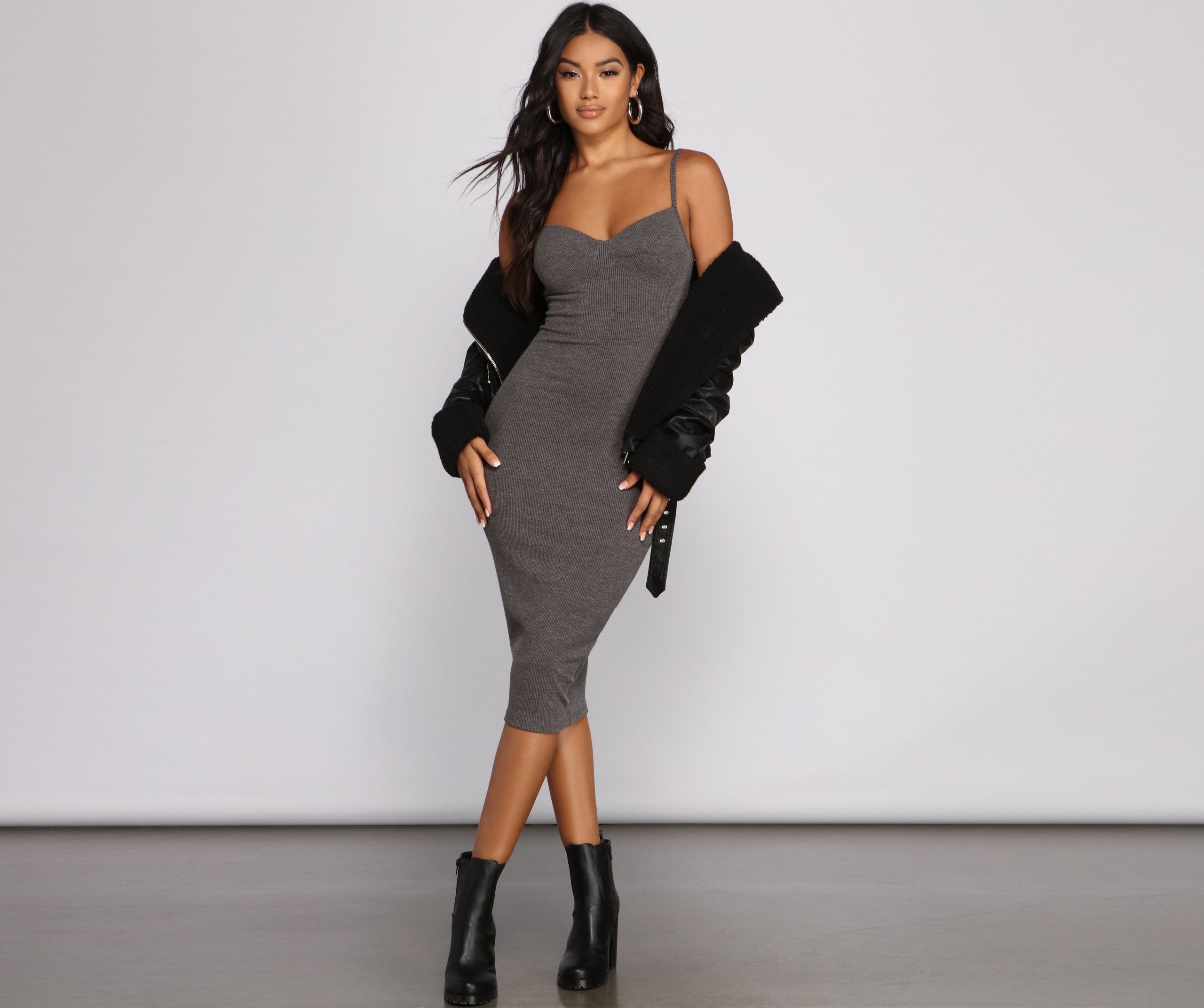 Stylish Sweetheart Ribbed Charming Knit Midi Dress InsStreet