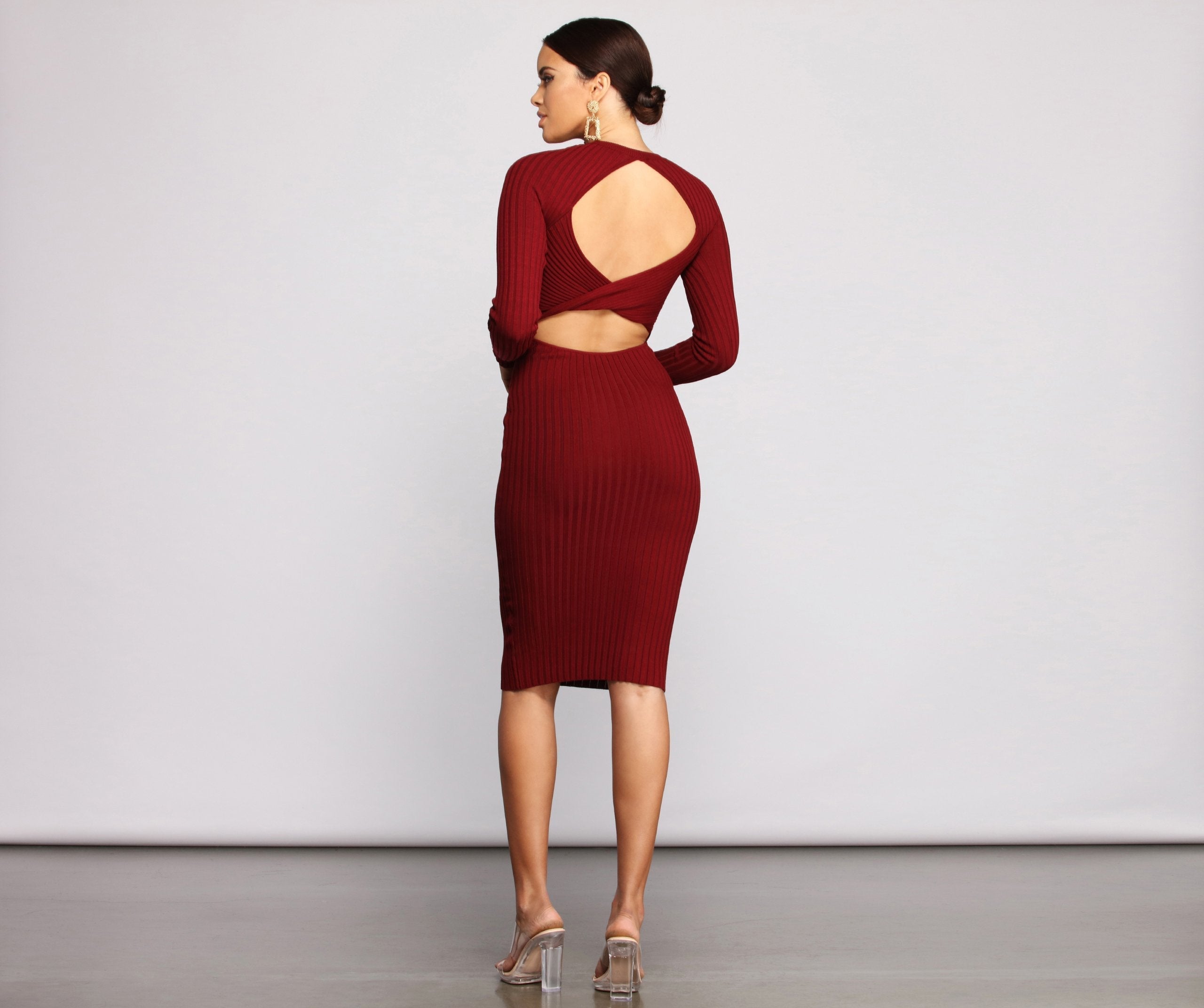 Trendy Twist Back Ribbed Graceful Knit Midi Sweater Dress InsStreet