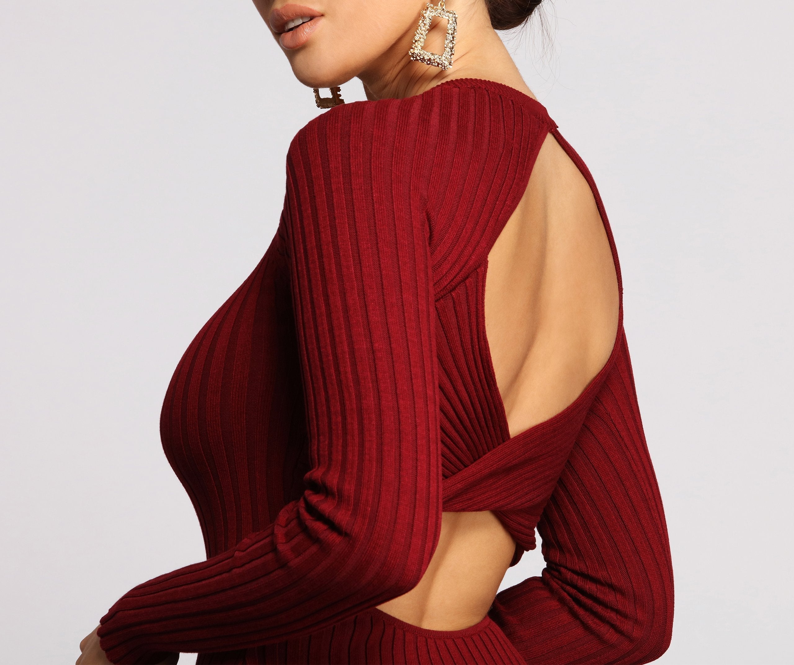 Trendy Twist Back Ribbed Graceful Knit Midi Sweater Dress InsStreet