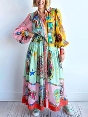 Unique Print Colorblock Balloon Graceful Sleeve Belt Shirt Midi Dress InsStreet