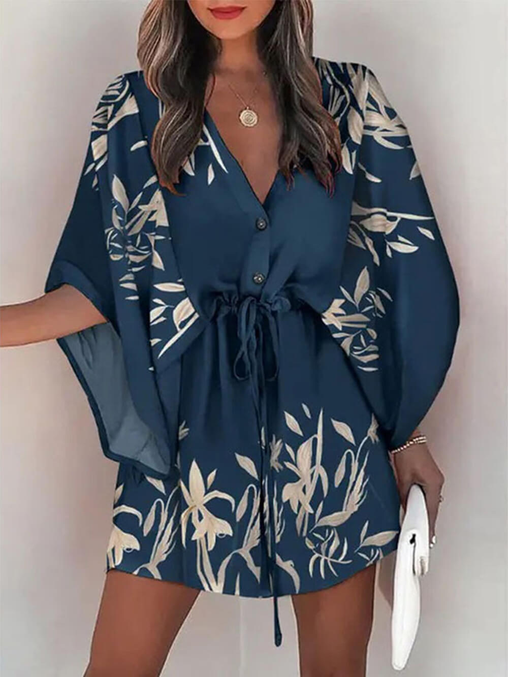 V-Neck Tie Printed Charming Batwing Sleeve Dress InsStreet