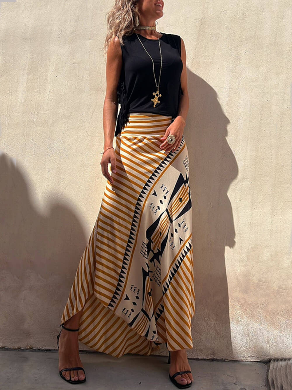 Geometric Print Elastic Charming Waist Maxi Skirt InsStreet