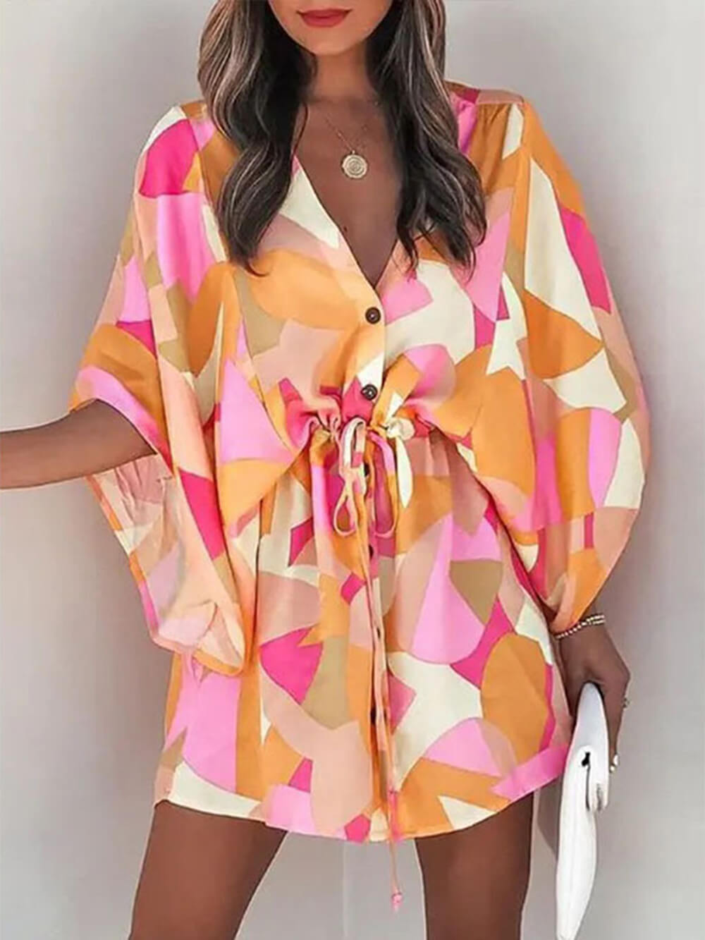 V-Neck Tie Printed Charming Batwing Sleeve Dress InsStreet