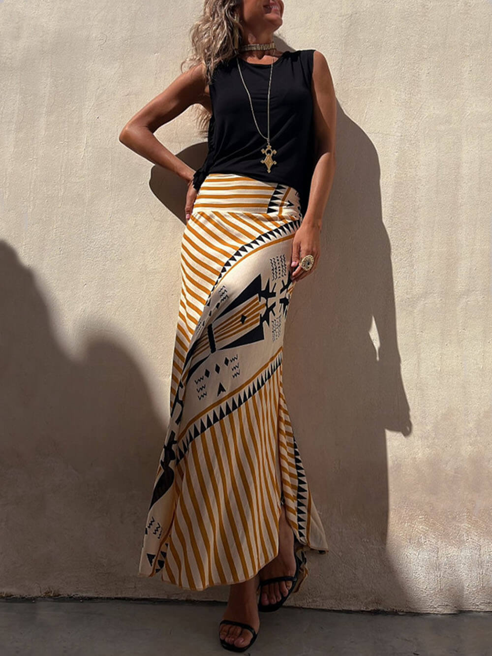 Geometric Print Elastic Charming Waist Maxi Skirt InsStreet