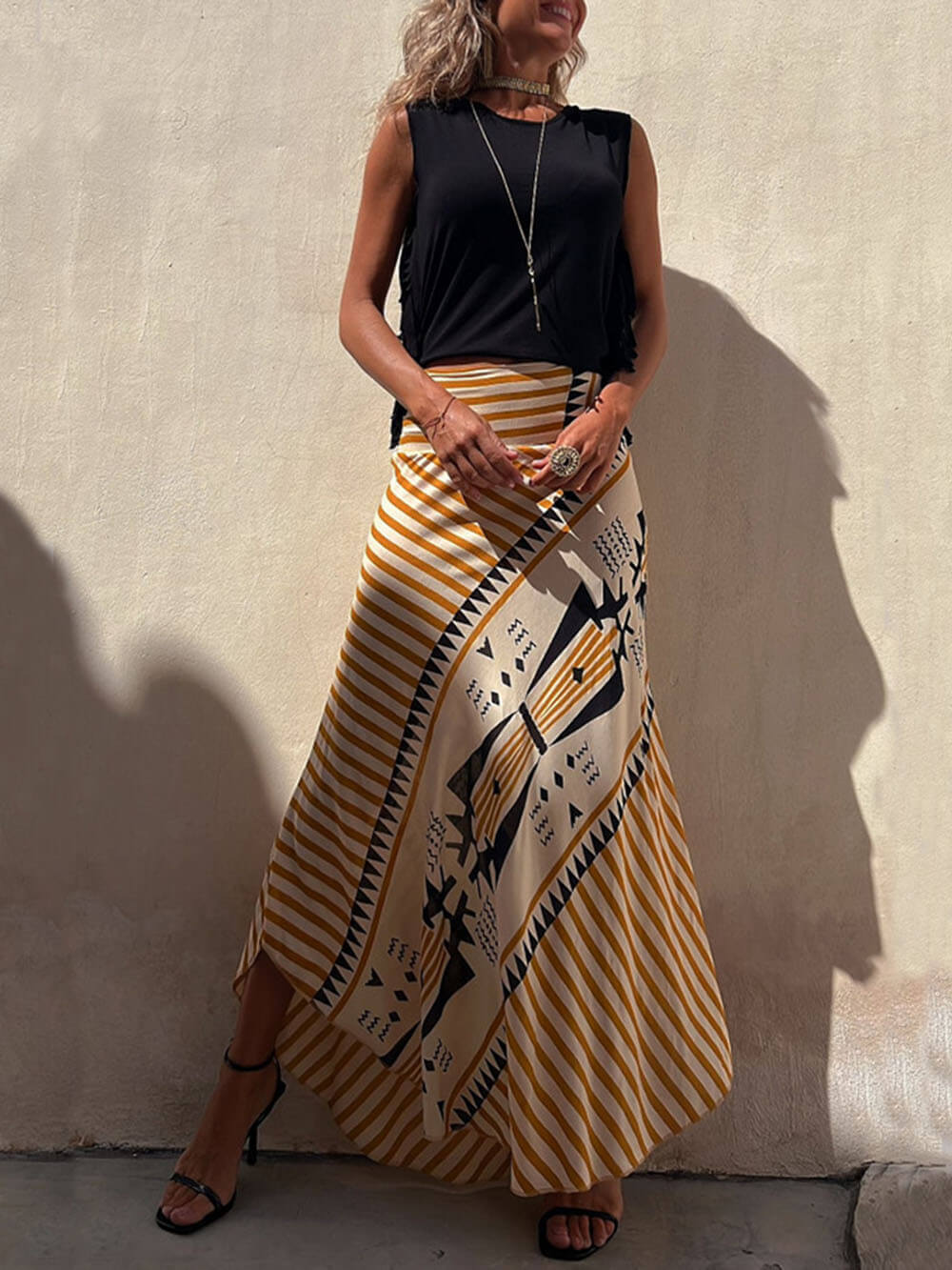 Geometric Print Elastic Charming Waist Maxi Skirt InsStreet