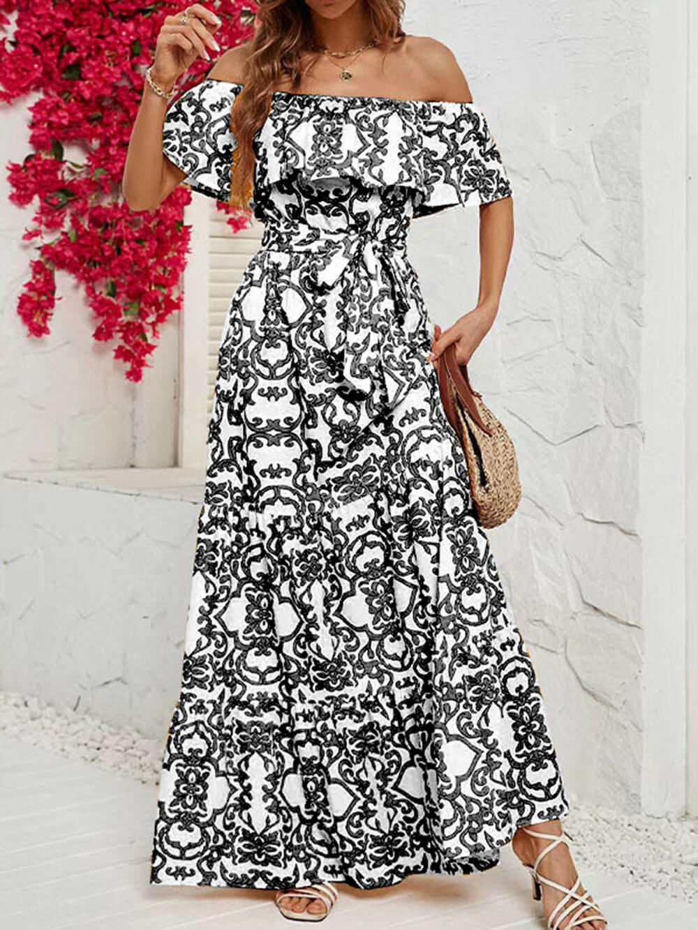 One-Shoulder Short-Sleeve Printed Charming Ruffle Maxi Dress InsStreet