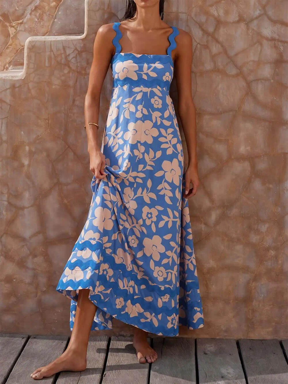 Printed Square Neck Charming Strap Maxi Dress InsStreet