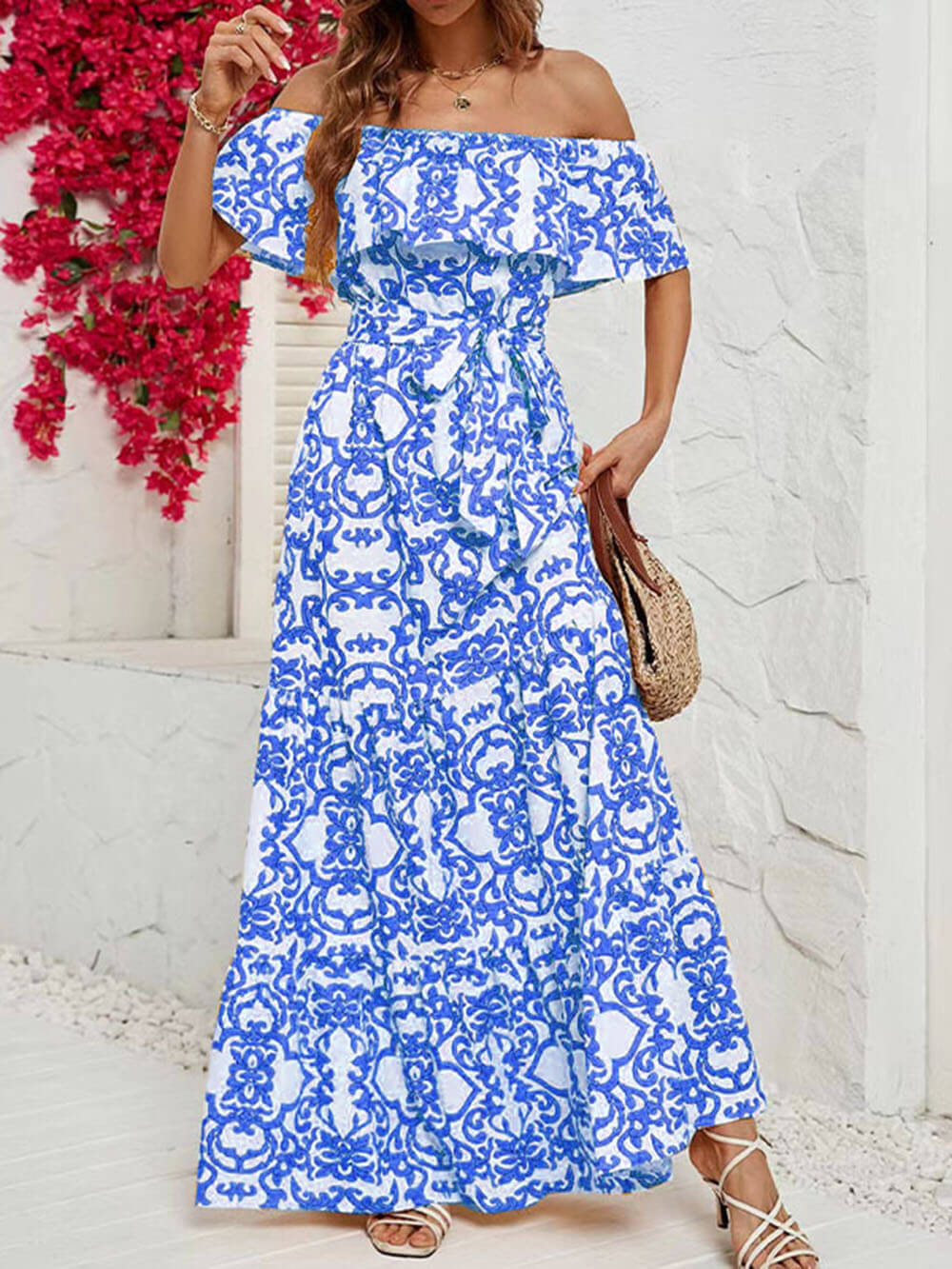 One-Shoulder Short-Sleeve Printed Charming Ruffle Maxi Dress InsStreet