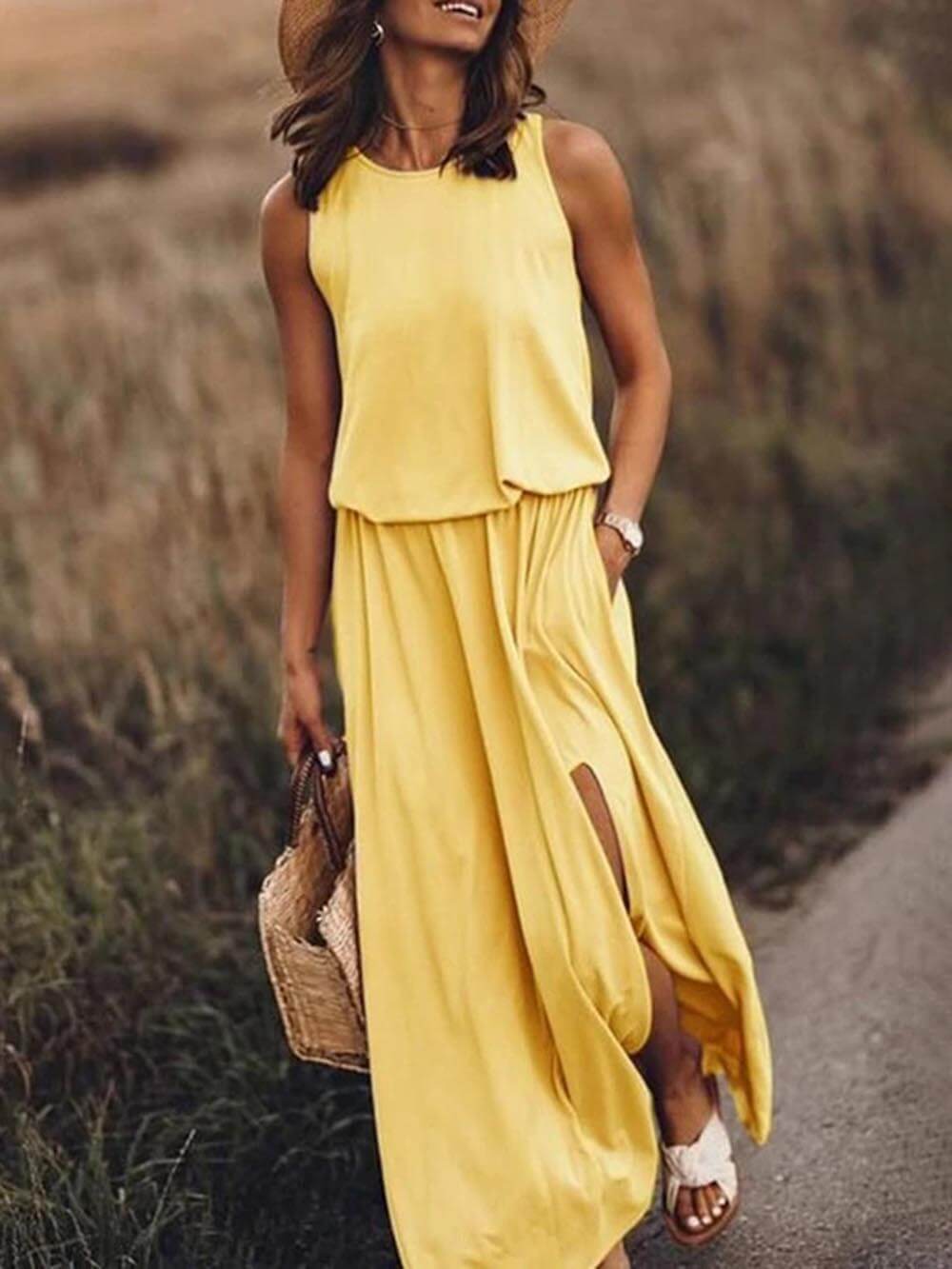 Loose Waisted Round Charming Neck Sleeveless Slit Dress InsStreet