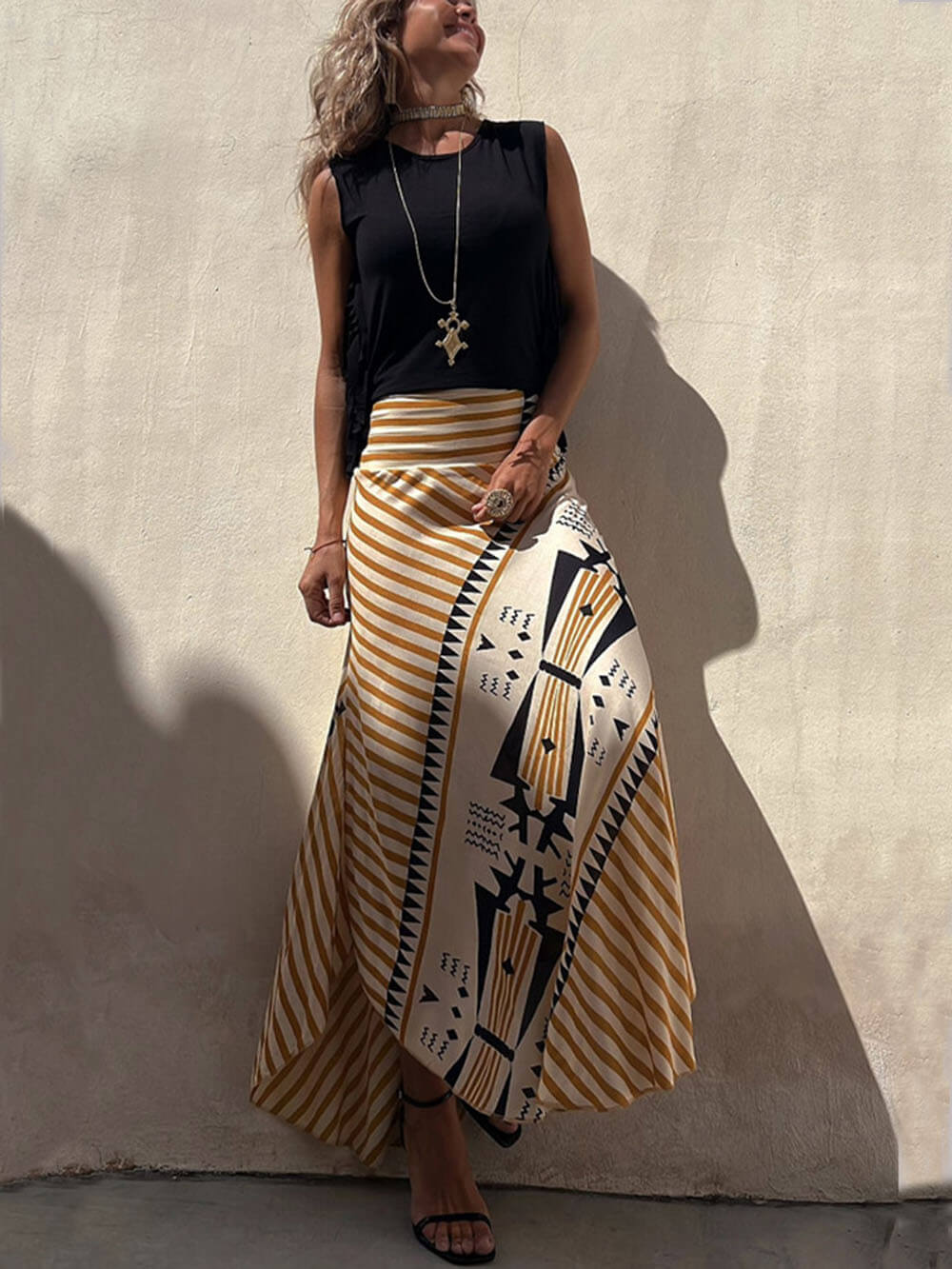 Geometric Print Elastic Charming Waist Maxi Skirt InsStreet