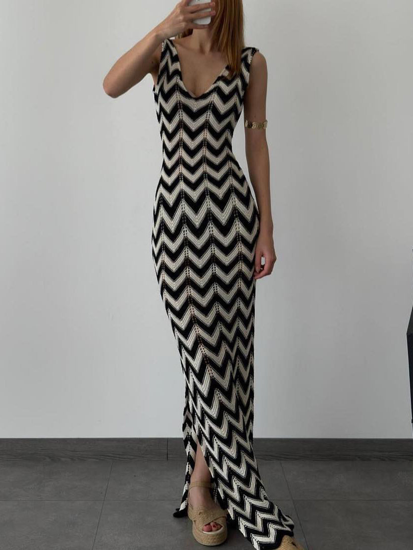 Summer V-Neck Striped Crochet Graceful Slit Sexy Maxi Dress InsStreet