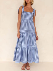 Lace-Up Striped Stylish Square-Neck Midi Dress InsStreet