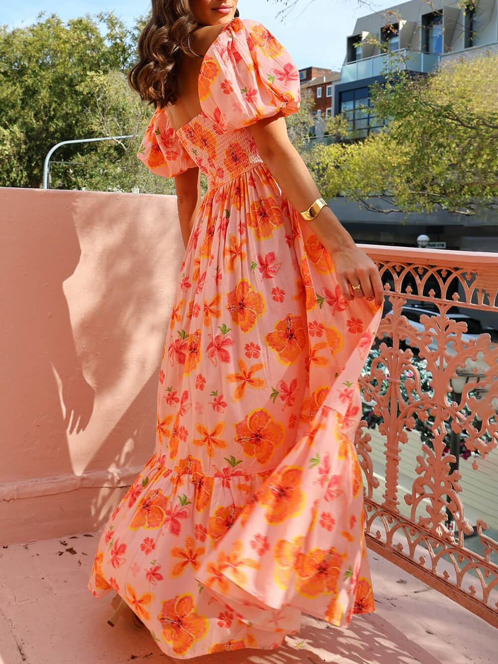 Floral Print Puff Sleeve Graceful Back Smocked Pocket Maxi Dress InsStreet