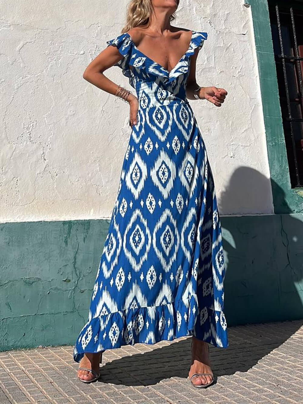 Ethnic Print Smocked Bust Graceful Ruffle Neck Maxi Dress InsStreet