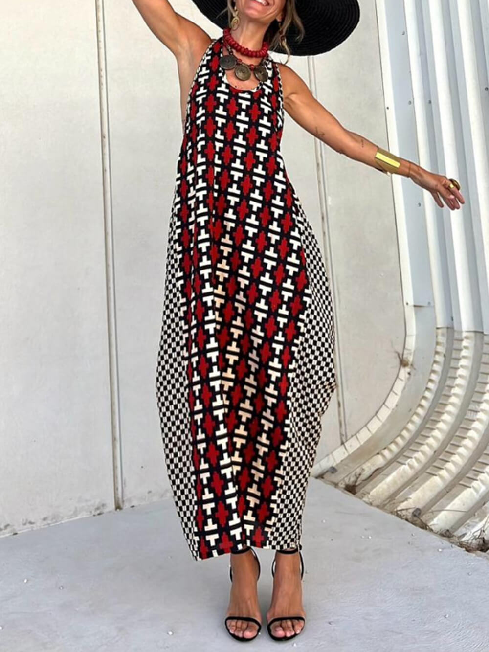 Ethnic Unique Print Lantern Graceful Cut Tank Maxi Dress InsStreet