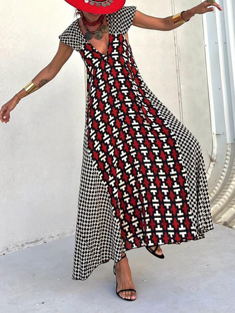 Ethnic Unique Print Ruffle Graceful Sleeve A-line Maxi Dress InsStreet