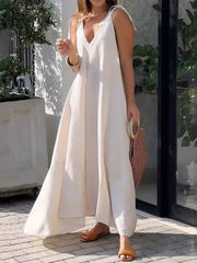 Large Hem Solid Color Graceful Sleeveless V-Neck Strap Maxi Dress InsStreet