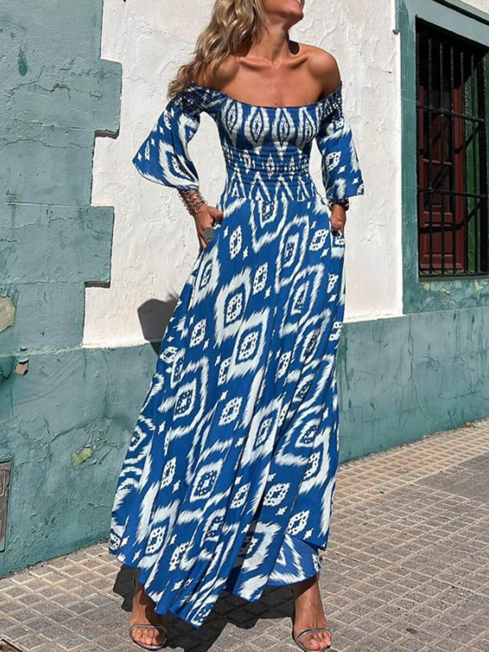 Vacation Ethnic Print Smocked Graceful Off Shoulder Pocketed Maxi Dress InsStreet