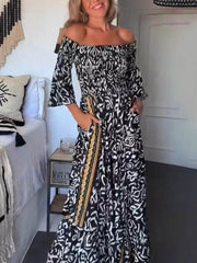 Off-The-Shoulder Smocked Stretch Charming Black Printed Maxi Dress InsStreet