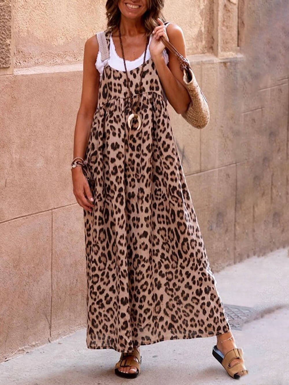 Leopard Print Patchwork Charming Suspender Maxi Dress InsStreet