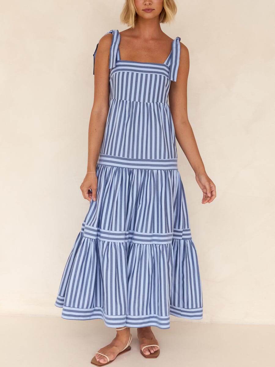 Lace-Up Striped Stylish Square-Neck Midi Dress InsStreet