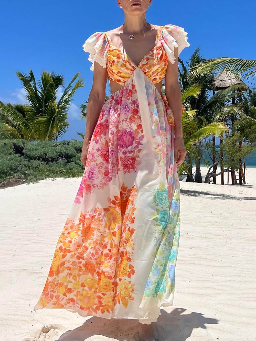 Floral Frill Cutout Charming Back Tie-Up Maxi Dress InsStreet