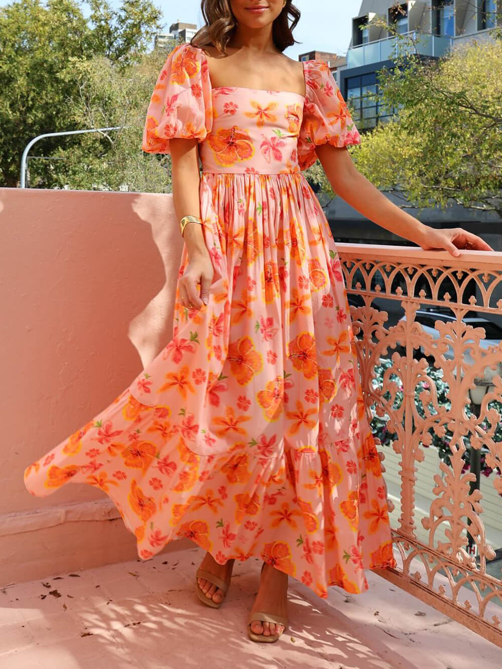 Floral Print Puff Sleeve Graceful Back Smocked Pocket Maxi Dress InsStreet