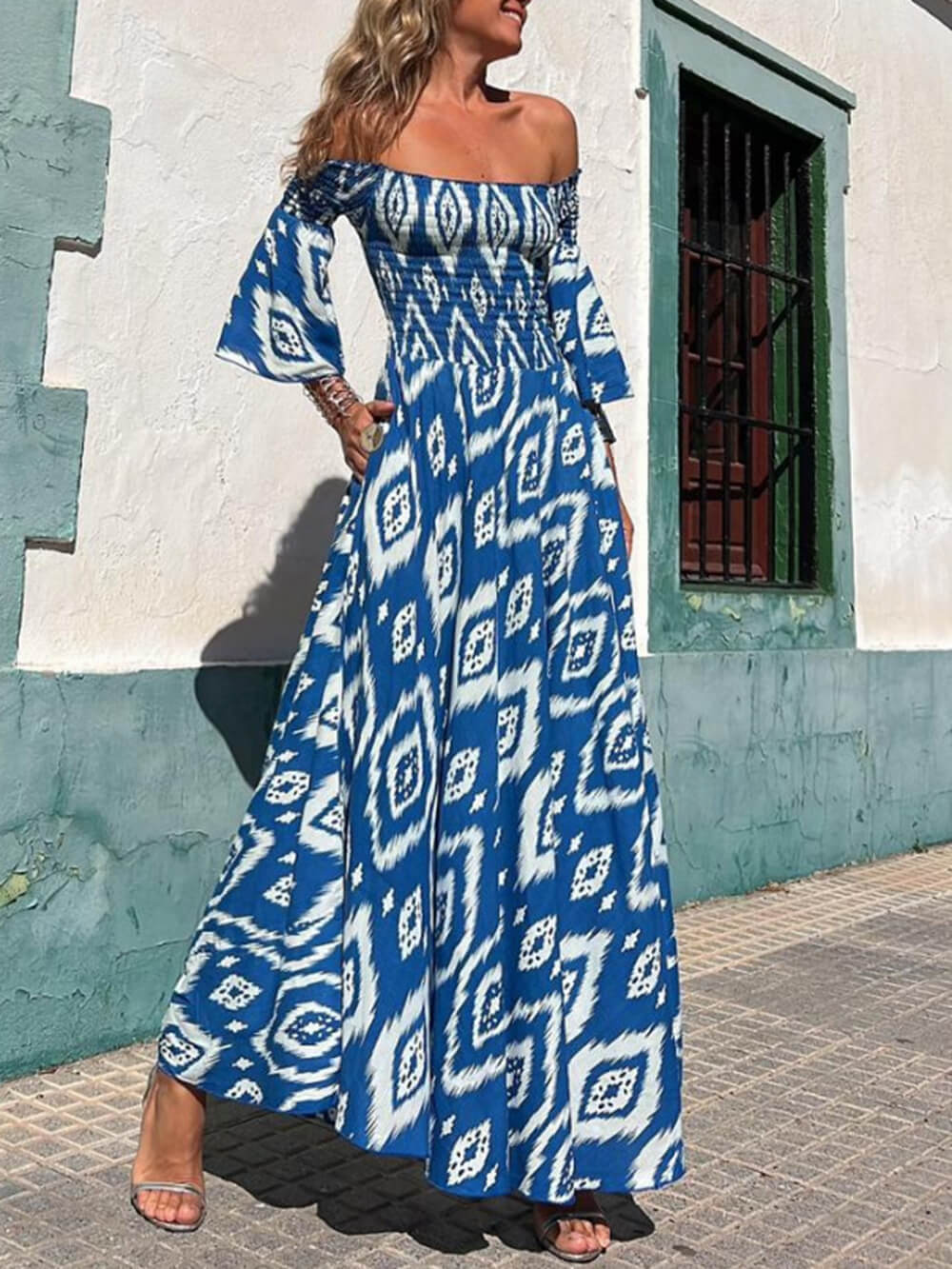 Vacation Ethnic Print Smocked Graceful Off Shoulder Pocketed Maxi Dress InsStreet