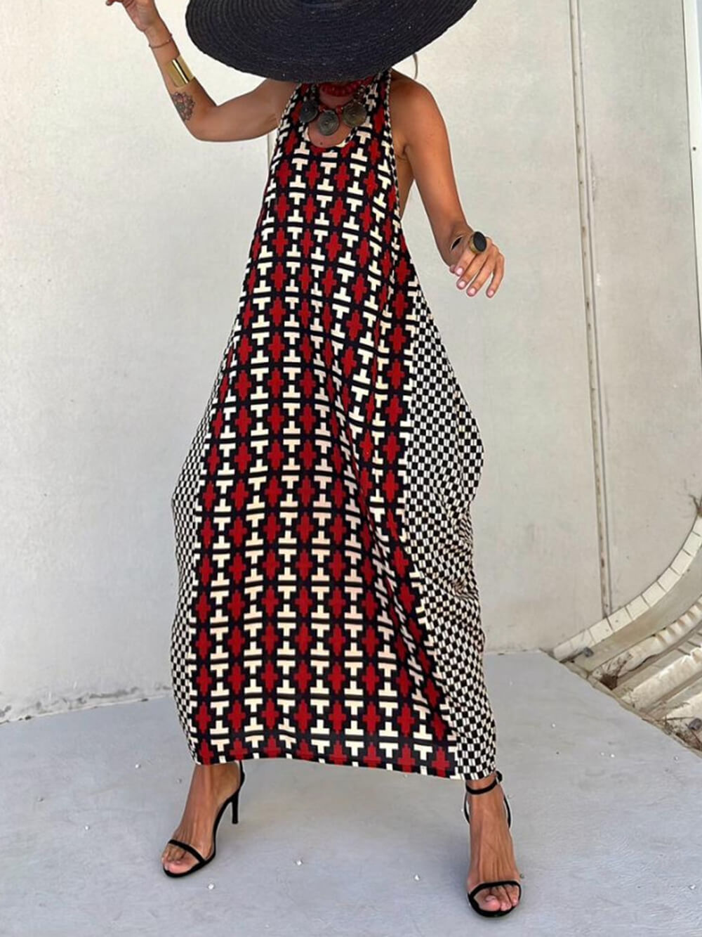 Ethnic Unique Print Lantern Graceful Cut Tank Maxi Dress InsStreet