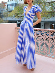 Bubble Sleeve In Charming Stripe Wavy Maxi Dress InsStreet