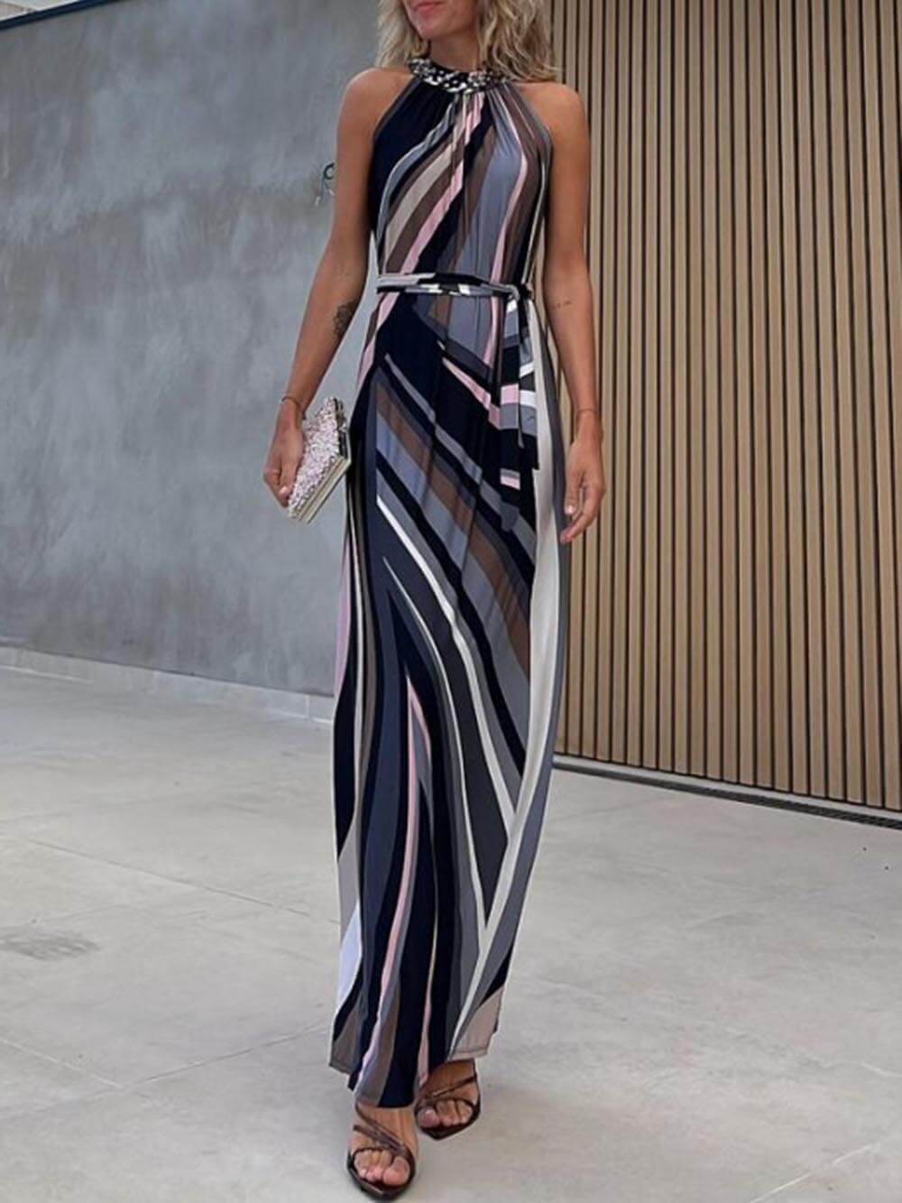 Casual Loose Halterneck Striped Graceful Gradient Print Maxi Dress InsStreet