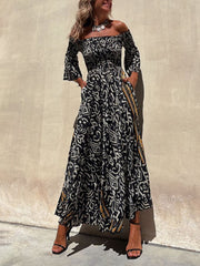 Off-The-Shoulder Smocked Stretch Charming Black Printed Maxi Dress InsStreet